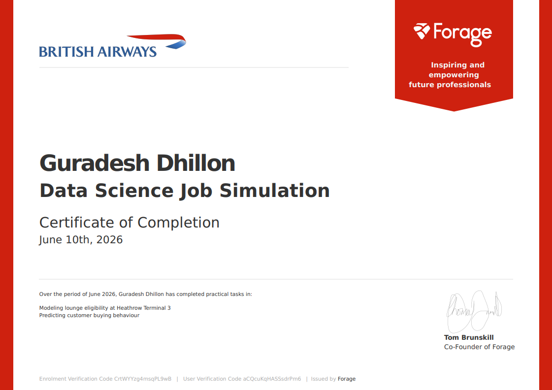 British Airways Data Science Job Simulation Certificate